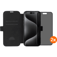 Koop BlueBuilt Apple iPhone 16 Pro Max Book Case Leer Zwart + Privacy Screenprotector Duo Pack - 6151131514578