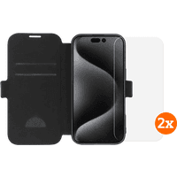 Koop BlueBuilt Apple iPhone 16 Pro Book Case Leer Zwart + Screenprotector Glas Duo Pack - 6151132117167